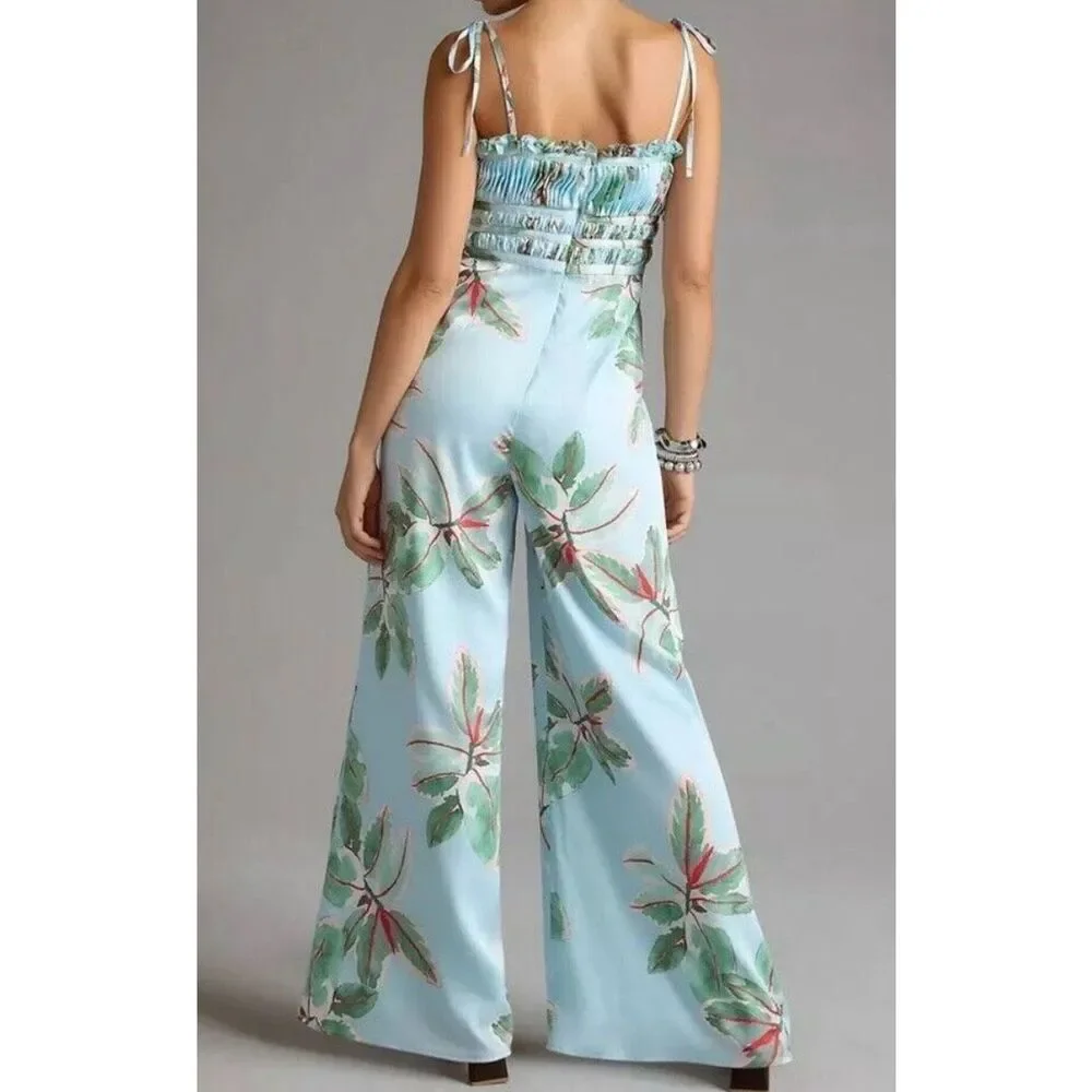 Anthropologie Hutch Ruched Satin Floral Wide Leg Jumpsuit Size 8